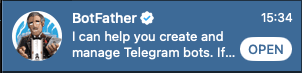 BotFather no Telegram - clique em Open para abrir