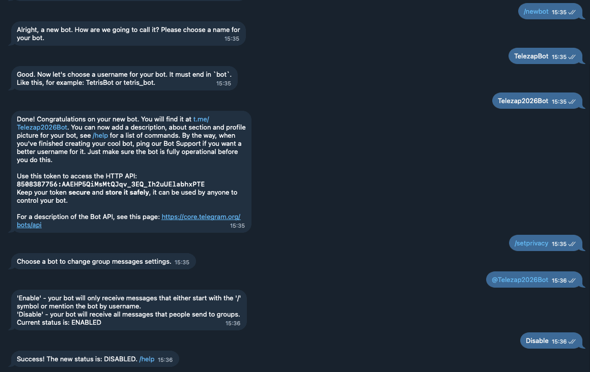 Fluxo completo: /newbot, nome, username, token, /setprivacy, Disable